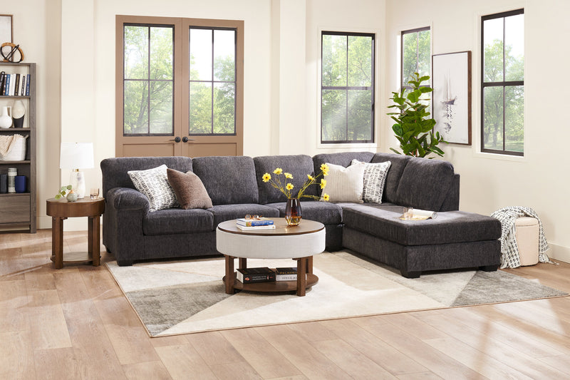 Elroy 33\" Rustic Round Lift Top Coffee Table With Storage, Shelf and Casters - Brown and Grey with Fabric Edge