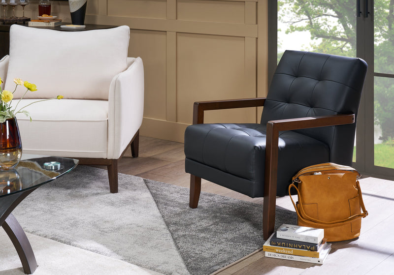 Enzo 26\" Genuine Leather Accent Chair with Biscuit Tufting, Track Arms and Wood Legs - Black