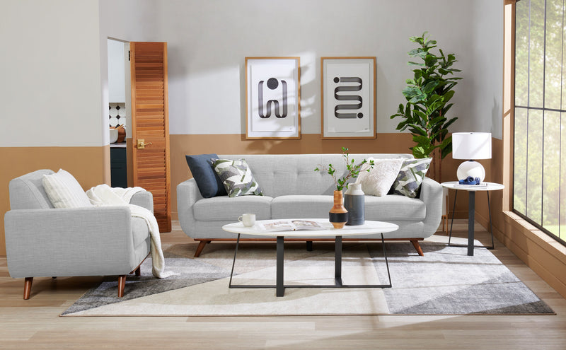 Kort & Co. Freeman 88\" Linen-Look Fabric Sofa with Wood Base and Tufted Back Cushions - Dove White