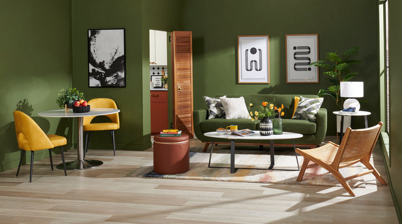 Kort & Co. Freeman 80” Linen-Look Fabric Condo Size Sofa with Wood Legs - Avocado Green