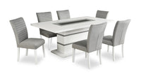 Garbo 7pc Dining Set with Table & 6 Chairs, Glass Insert, Pedestal Base, Glam, 78.75