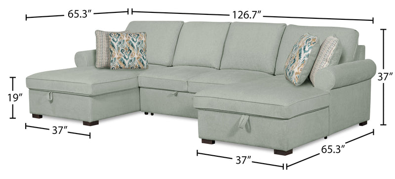 Scott Living Haven 3-Piece Chenille Fabric Sleeper Sectional with Two Storage Chaises - Seafoam Blue
