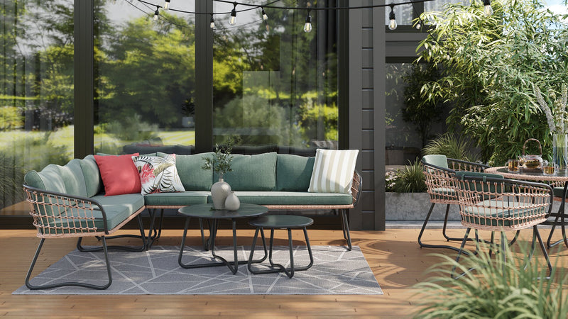 Kort & Co. Ibiza 6-Piece Outdoor Patio Sectional with 4-Piece Sectional & 2 Tables - Hand-Woven Resin Wicker, UV & Weather Resistant - Dark Grey/Natural/Green