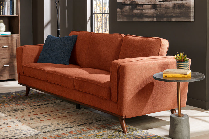 Kort & Co. Kassia 90.6\" Linen-Look Fabric Sofa with Wood Base and Legs - Orange