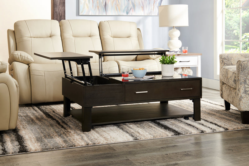 Landon 48\" Modern Lift Top Coffee Table With Storage, Shelf and Casters - Dark Brown  