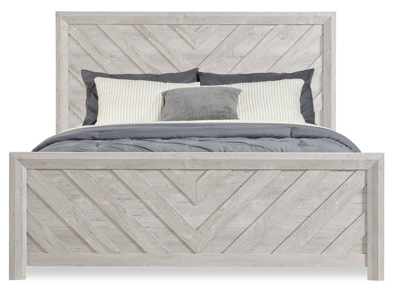 Lark 5pc Bedroom Set with Panel Bed, Dresser & Mirror, Rustic White  - King Size