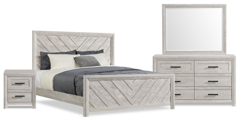 Lark 6pc Bedroom Set with Panel Bed, Dresser, Mirror & Nightstand, Rustic White - King Size