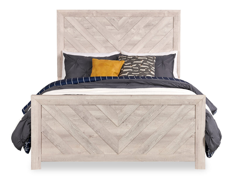Lark Panel Bed with Headboard & Frame, Chevron Pattern, Rustic White - Queen Size