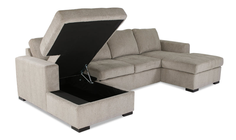 Made in Canada Legend 3-Piece Chenille Fabric Sleeper Sectional with Two Storage Chaises - Platinum Beige