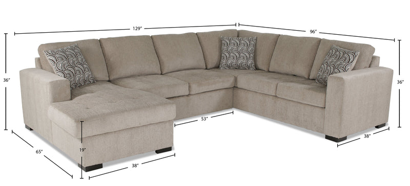 Made in Canada Legend 3-Piece Left-Facing Chenille Fabric Sleeper Sectional with Storage Chaise - Platinum Beige