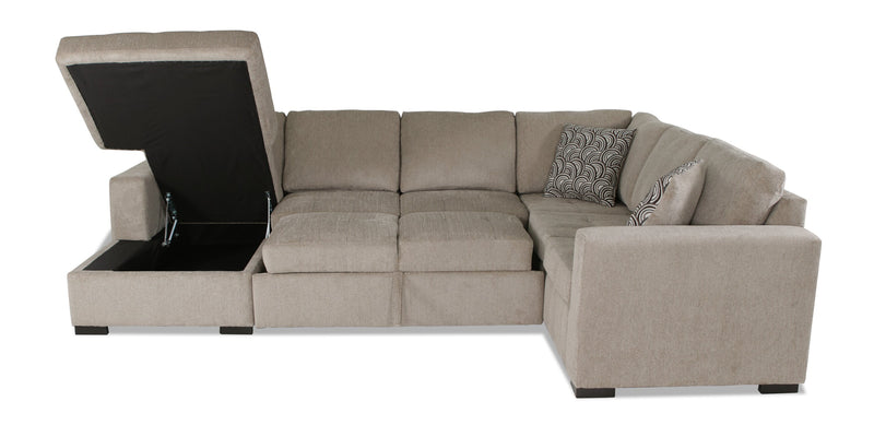 Made in Canada Legend 3-Piece Left-Facing Chenille Fabric Sleeper Sectional with Storage Chaise - Platinum Beige