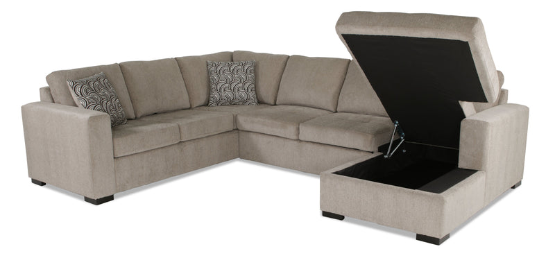 Made in Canada Legend 3-Piece Right-Facing Chenille Fabric Sleeper Sectional with Storage Chaise - Platinum Beige