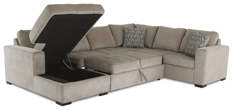 Made in Canada Legend 4-Piece Left-Facing Chenille Fabric Sleeper Sectional with Storage Chaise - Platinum Beige