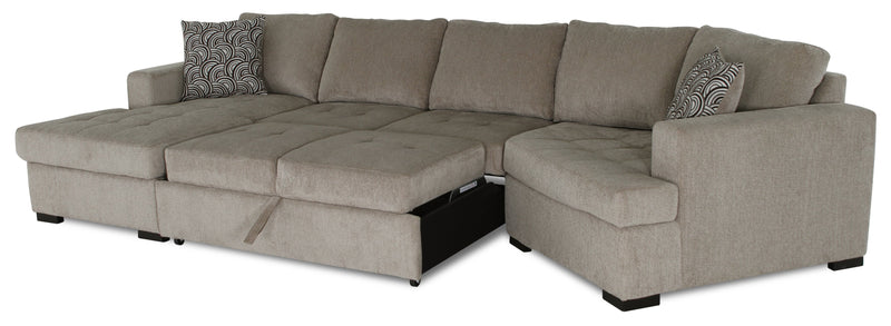 Made in Canada Legend 3-Piece Right-Facing Chenille Fabric Cuddler Sleeper Sectional with Chaise - Platinum Beige