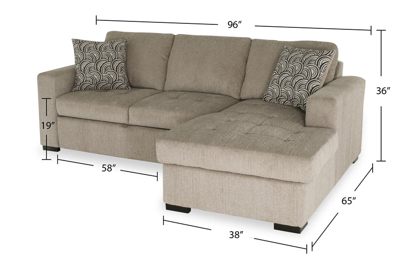 Made in Canada Legend 2-Piece Right-Facing Chenille Fabric Sleeper Sectional with Storage Chaise - Platinum Beige