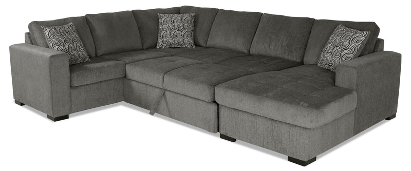 Made in Canada Legend 3-Piece Right-Facing Chenille Fabric Sleeper Sectional with Storage Chaise - Pewter Brown