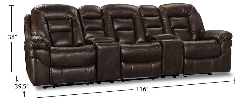Leo 5-Piece Leather-Look Fabric Home Theatre Power Reclining Sectional with Storage Consoles and Cupholders - Walnut Brown