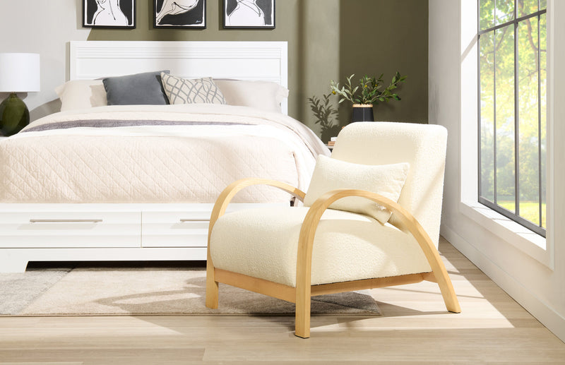 Loft 27.55\" Boucle Fabric Accent Chair with Accent Pillow and Wood Armrests and Legs - White