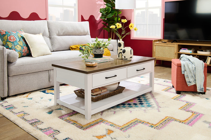 Kort & Co. Logan 47.25\" Traditional Coffee Table with Storage and Shelf - White and Walnut Oak 