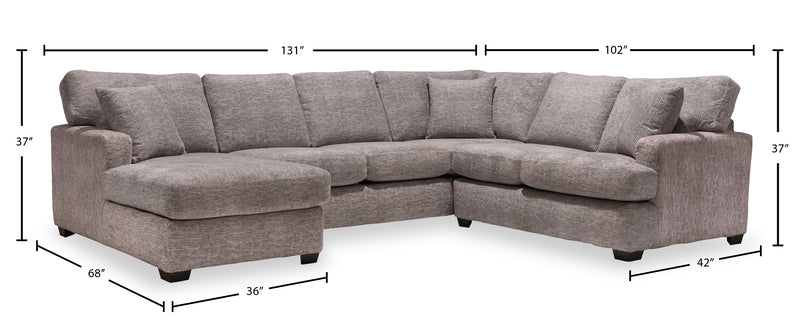 Made in Canada Luxe 3-Piece Left-Facing Fabric Sectional with Removable Cushions - Zaftig Dove Grey