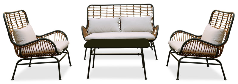 Maki 4-Piece Outdoor Patio Conversation Set with Loveseat, 2 Chairs & Glass Top Coffee Table - Hand-Woven Resin Wicker, UV & Weather Resistant - Natural