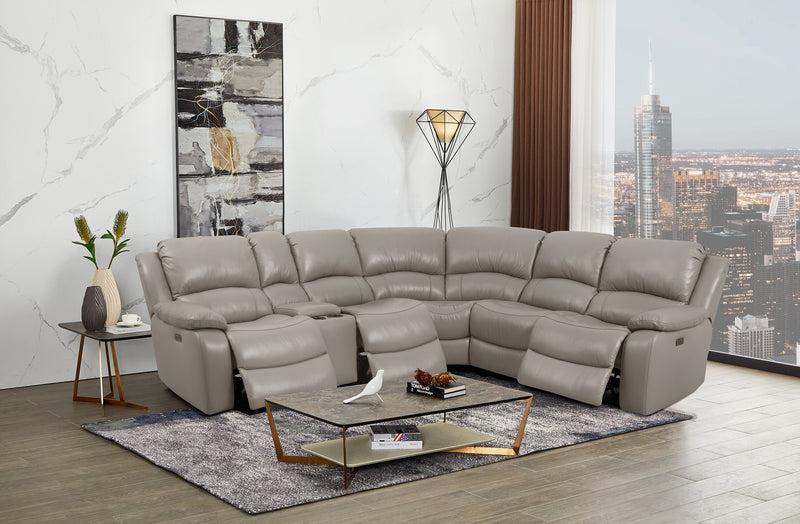 Marcel 6-Piece Genuine Leather Power Reclining Sectional with Storage Console and USB Port - Calm Grey