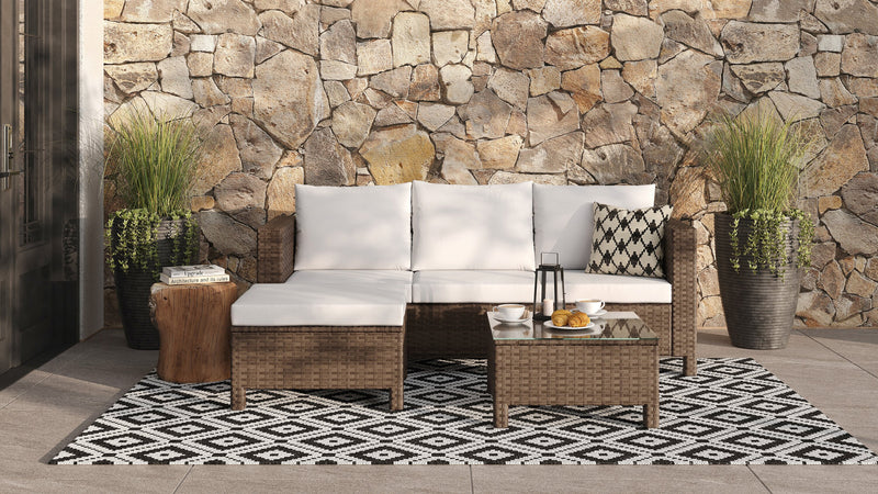 Miami 3-Piece Outdoor Patio Conversation Set with Sofa, Ottoman & Glass Top Coffee Table - Hand-Woven Resin Wicker, UV & Weather Resistant - Brown/Taupe