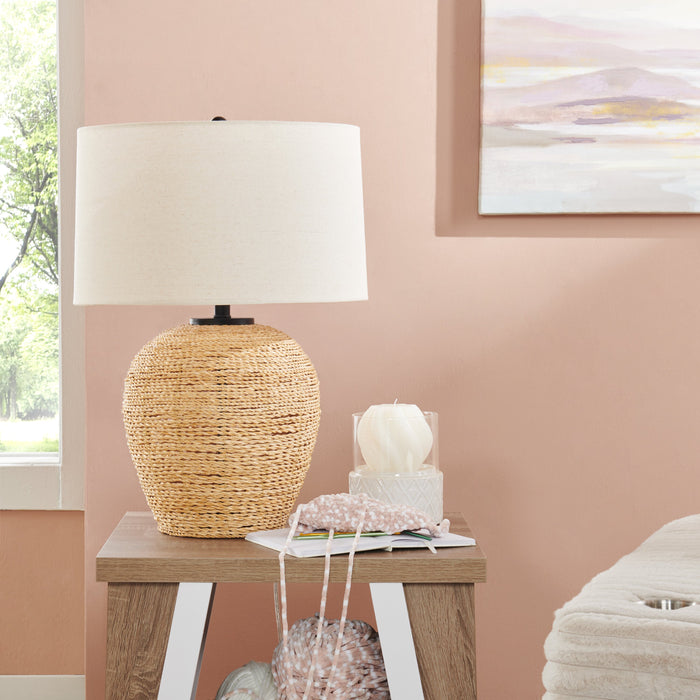 25\" Ratten Table Lamp with Beige Shade