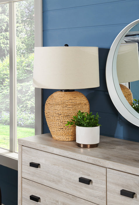 25\" Ratten Table Lamp with Beige Shade