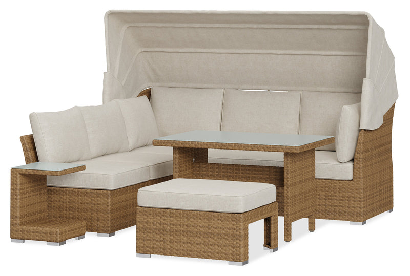 Montego 6-Piece Canopy Outdoor Patio Conversation Set with Canopy Sofa, 2 Armless Chairs, Ottoman, Glass Top Coffee & End Table - Hand-Woven Resin Wicker, UV & Weather Resistant - Natural/Beige