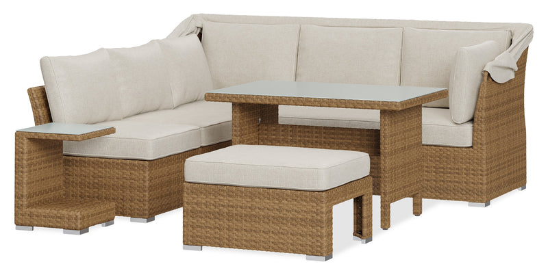 Montego 6-Piece Canopy Outdoor Patio Conversation Set with Canopy Sofa, 2 Armless Chairs, Ottoman, Glass Top Coffee & End Table - Hand-Woven Resin Wicker, UV & Weather Resistant - Natural/Beige