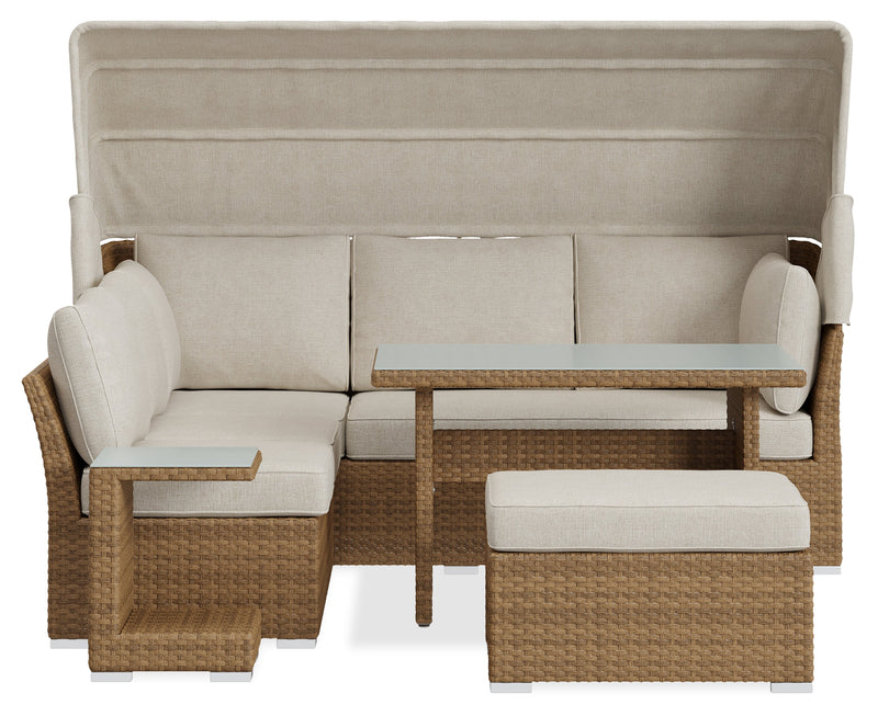 Montego 6-Piece Canopy Outdoor Patio Conversation Set with Canopy Sofa, 2 Armless Chairs, Ottoman, Glass Top Coffee & End Table - Hand-Woven Resin Wicker, UV & Weather Resistant - Natural/Beige