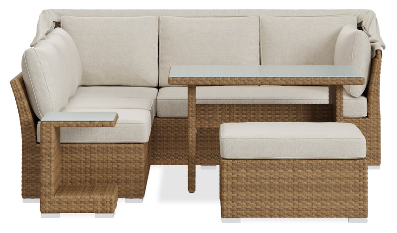 Montego 6-Piece Canopy Outdoor Patio Conversation Set with Canopy Sofa, 2 Armless Chairs, Ottoman, Glass Top Coffee & End Table - Hand-Woven Resin Wicker, UV & Weather Resistant - Natural/Beige
