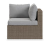 Naples Corner Outdoor Patio Chair - Hand-Woven Resin Wicker, UV & Weather Resistant - Natural/Grey | Fauteuil en coin Naples pour la terrasse à l’extérieur - osier en résine tressé à la main, résistant aux rayons UV et aux intempéries - naturel et gris