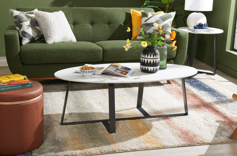 Kort & Co. Nico 51\" Modern Oval Coffee Table - White Sinetered Stone with Dark Grey Metal Legs