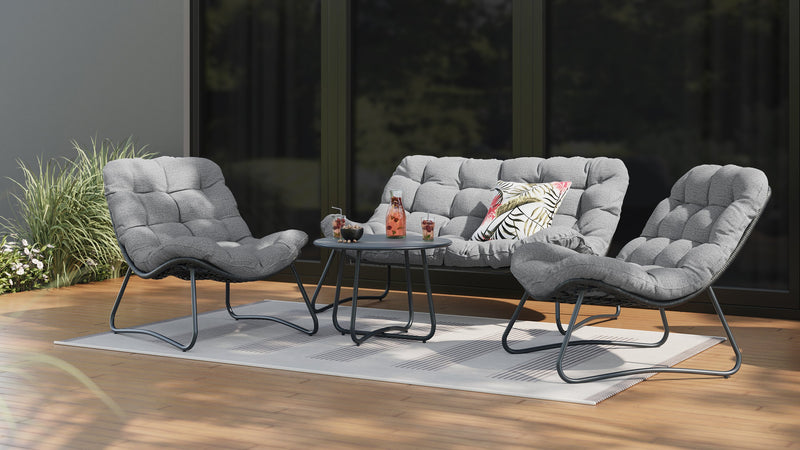 Oslo 4-Piece Outdoor Patio Conversation Set with Loveseat, 2 Lounger Chairs & Coffee Table - Resin Wicker & Metal, UV & Weather Resistant - Grey