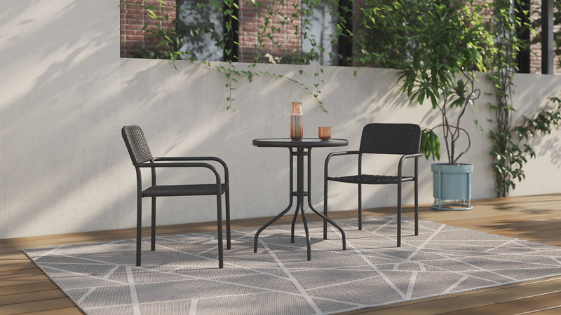 Paris Outdoor Patio Bistro Table - Round, Glass Table Top, Powder Coated Steel Frame - Black