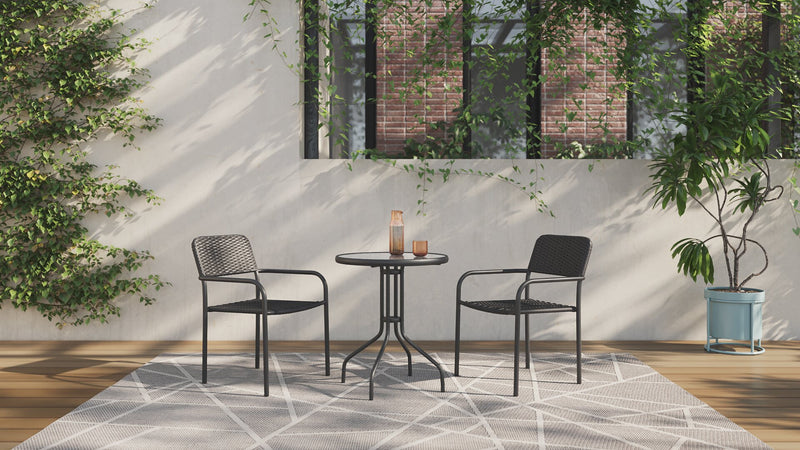 Paris Outdoor Patio Bistro Table - Round, Glass Table Top, Powder Coated Steel Frame - Black