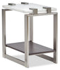 Paradox 16" Modern Chairside Table with Shelf - White Marble Top with Brushed Platinum Frame|Table de fauteuil moderne Paradox de 16 po avec tablette - dessus en marbre blanc avec armature platine brossé