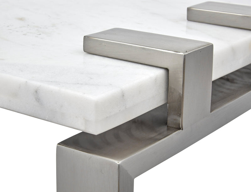 Paradox 16\" Modern Chairside Table with Shelf - White Marble Top with Brushed Platinum Frame
