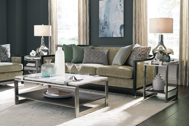 Paradox 16\" Modern Chairside Table with Shelf - White Marble Top with Brushed Platinum Frame