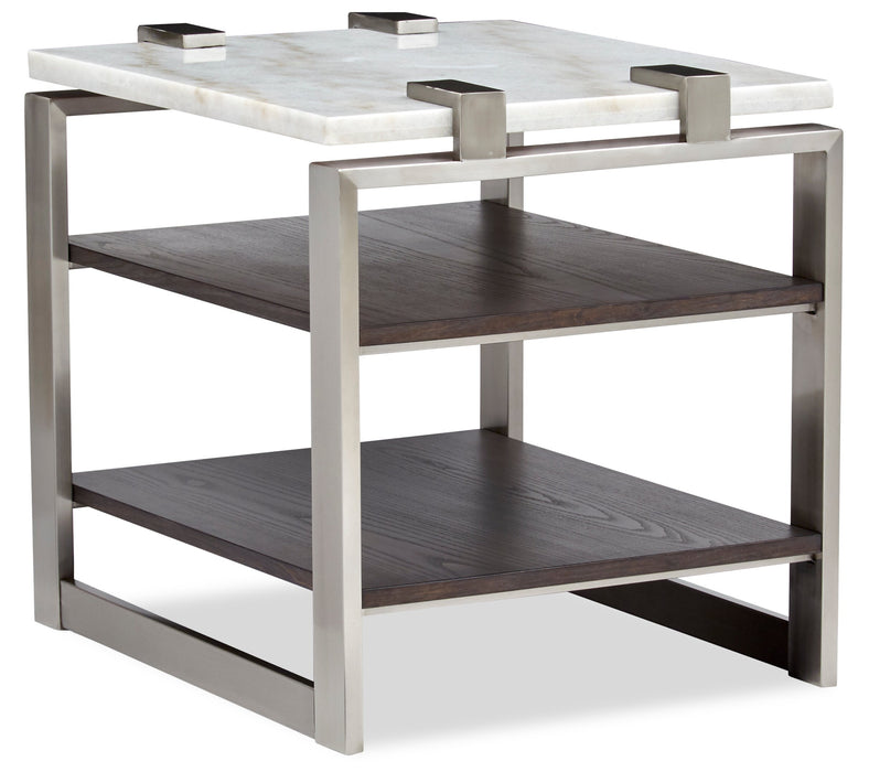 Paradox 22\" Modern End Table with Shelf - White Marble Top with Brushed Platinum Frame
