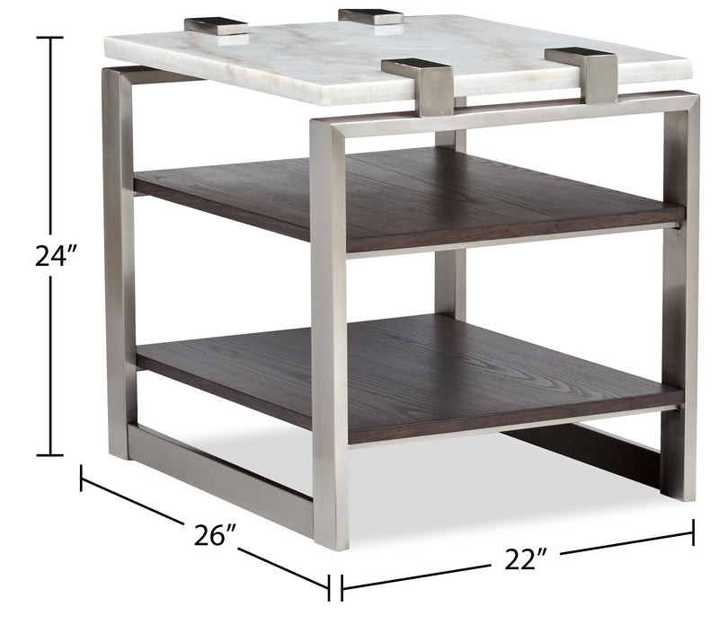 Paradox 22\" Modern End Table with Shelf - White Marble Top with Brushed Platinum Frame