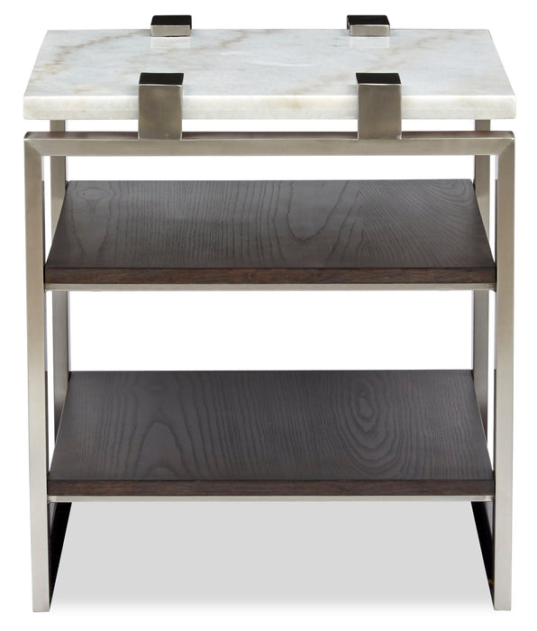 Paradox 22\" Modern End Table with Shelf - White Marble Top with Brushed Platinum Frame
