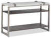 Paradox 48" Modern Sofa Table with Shelf - White Marble Top with Brushed Platinum Frame|Table de salon moderne Paradox de 48 po avec tablette - dessus en marbre blanc avec armature platine brossé