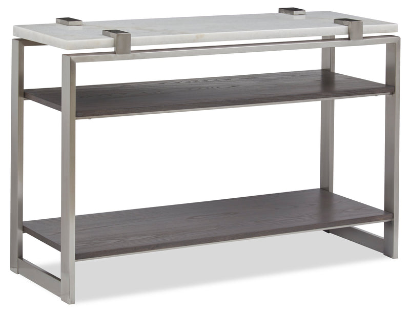 Paradox 48\" Modern Sofa Table with Shelf - White Marble Top with Brushed Platinum Frame