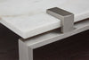 Paradox 48" Modern Sofa Table with Shelf - White Marble Top with Brushed Platinum Frame|Table de salon moderne Paradox de 48 po avec tablette - dessus en marbre blanc avec armature platine brossé