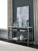 Paradox 48" Modern Sofa Table with Shelf - White Marble Top with Brushed Platinum Frame|Table de salon moderne Paradox de 48 po avec tablette - dessus en marbre blanc avec armature platine brossé