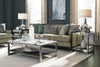 Paradox 48" Modern Sofa Table with Shelf - White Marble Top with Brushed Platinum Frame|Table de salon moderne Paradox de 48 po avec tablette - dessus en marbre blanc avec armature platine brossé