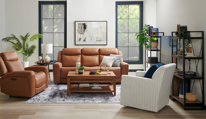 Scott Living Prescott 88.5\" Genuine Leather Power Reclining Sofa with Power Headrests - Butternut Brown